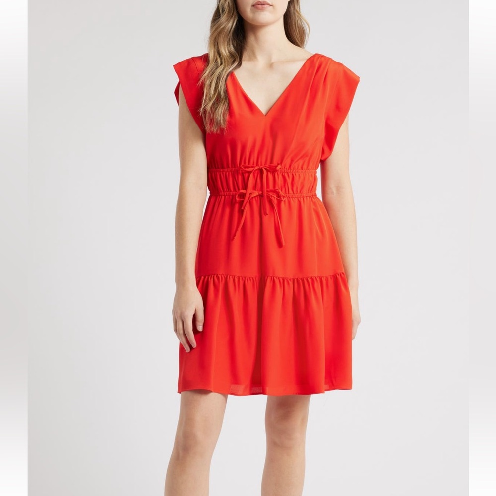 Elegant Obi Gathered Tie Waist Dress in Red NWOT - Picture 6 of 7
